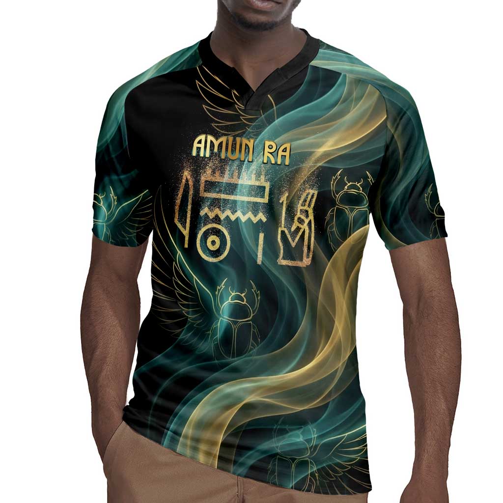 Amun Ancient Egyptian Rugby Jersey with Mystical Smoke Swirl Pattern, Fiery Ram Head, and Hieroglyphic - African Pride