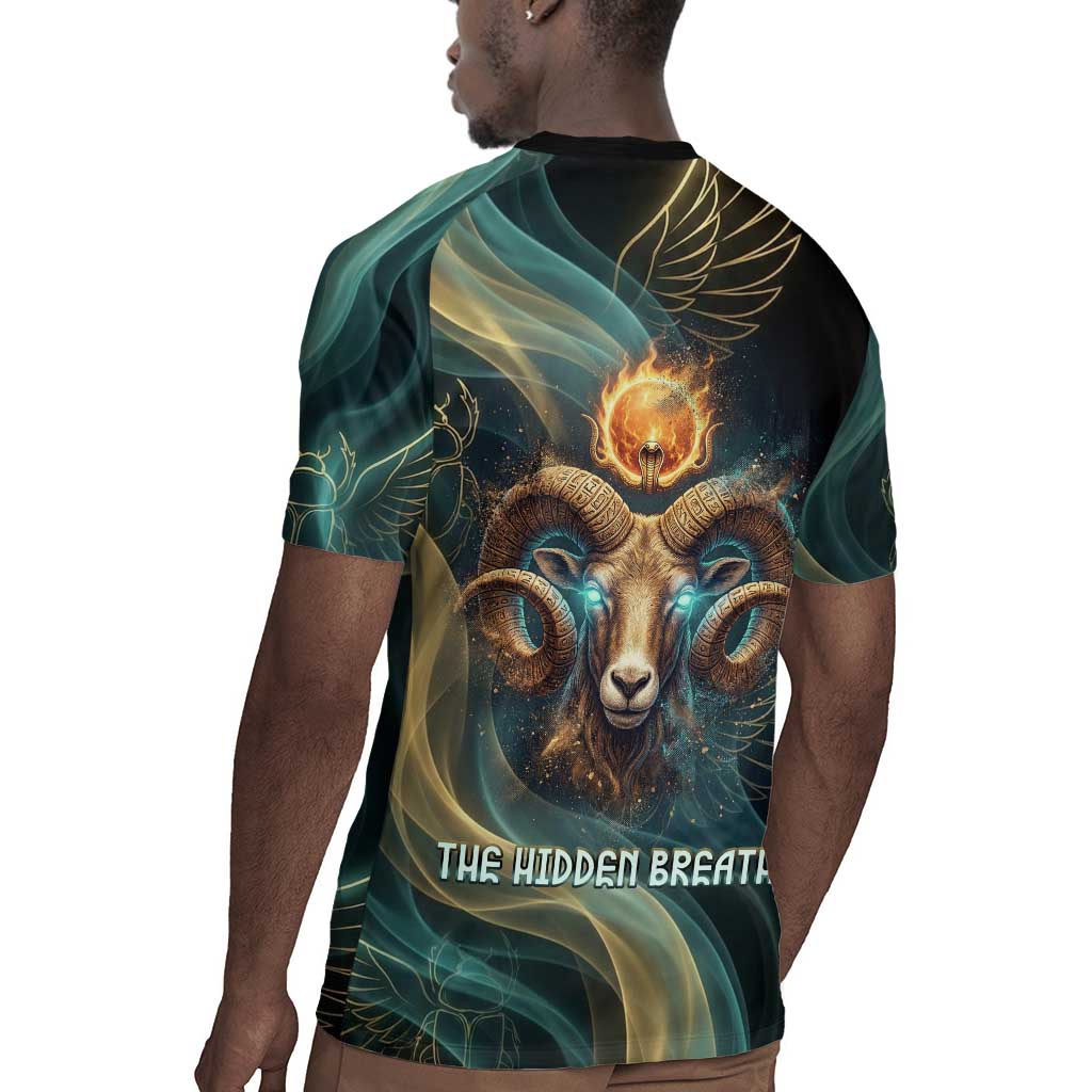 Amun Ancient Egyptian Rugby Jersey with Mystical Smoke Swirl Pattern, Fiery Ram Head, and Hieroglyphic - African Pride