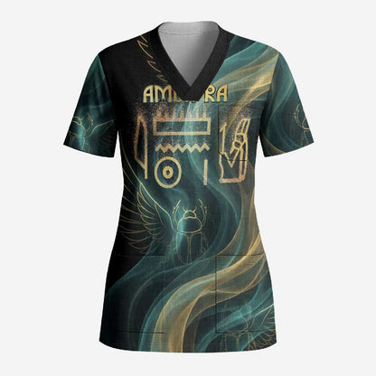 Amun Ancient Egyptian Scrub Top with Mystical Smoke Swirl Pattern, Fiery Ram Head, and Hieroglyphic - African Pride