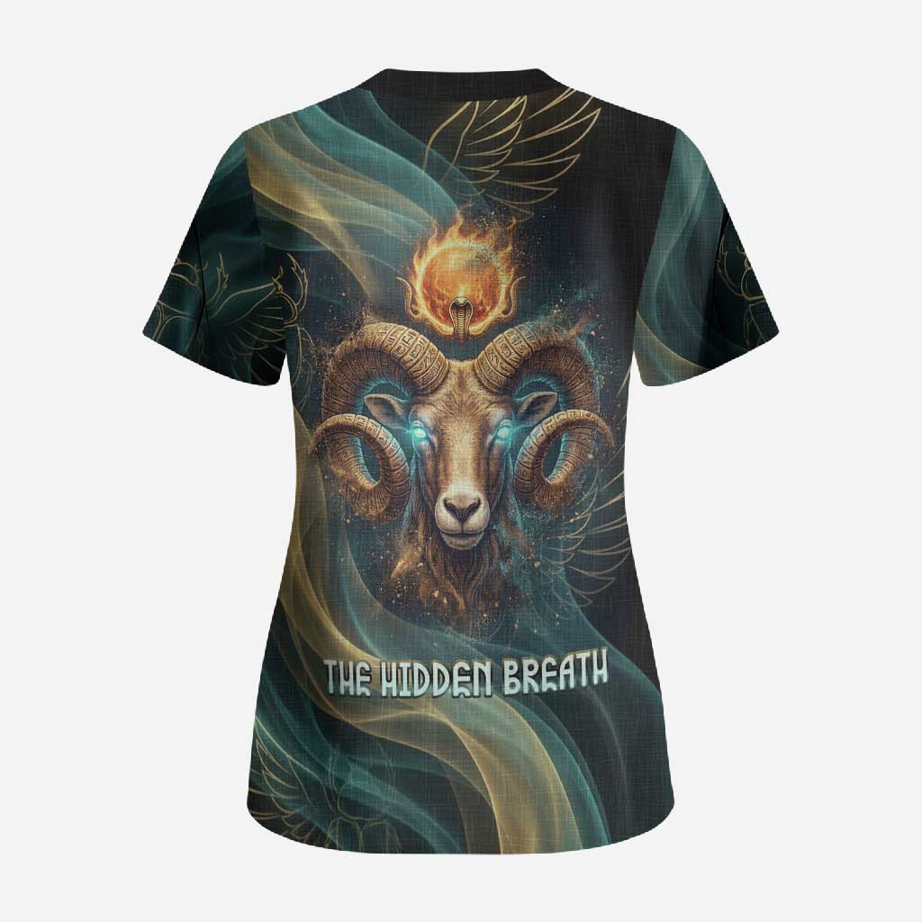 Amun Ancient Egyptian Scrub Top with Mystical Smoke Swirl Pattern, Fiery Ram Head, and Hieroglyphic - African Pride