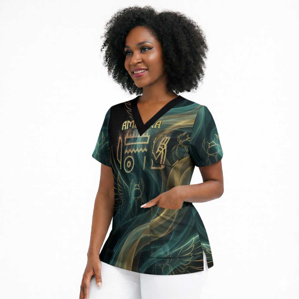 Amun Ancient Egyptian Scrub Top with Mystical Smoke Swirl Pattern, Fiery Ram Head, and Hieroglyphic - African Pride
