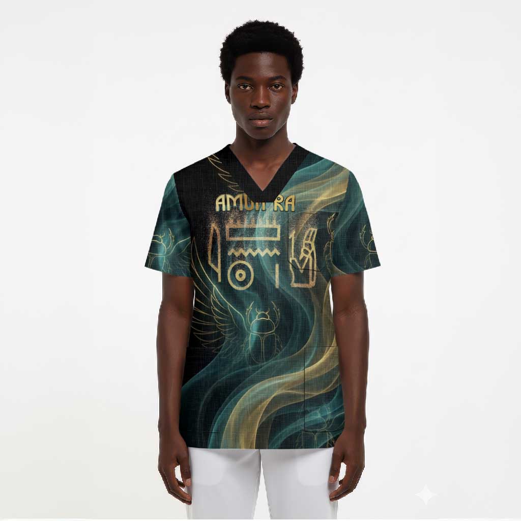 Amun Ancient Egyptian Scrub Top with Mystical Smoke Swirl Pattern, Fiery Ram Head, and Hieroglyphic - African Pride