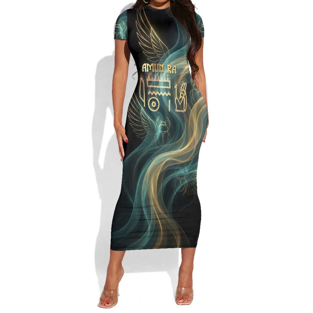 Amun Ancient Egyptian Short Sleeve Bodycon Dress with Mystical Smoke Swirl Pattern, Fiery Ram Head, and Hieroglyphic - African Pride