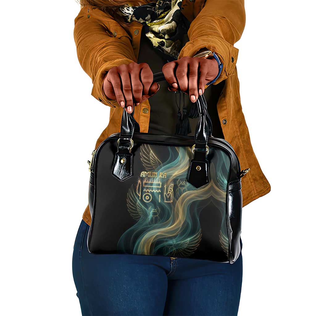 Amun Ancient Egyptian Shoulder Handbag with Mystical Smoke Swirl Pattern, Fiery Ram Head, and Hieroglyphic - African Pride