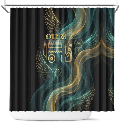 Amun Ancient Egyptian Shower Curtain with Mystical Smoke Swirl Pattern, Fiery Ram Head, and Hieroglyphic - African Pride