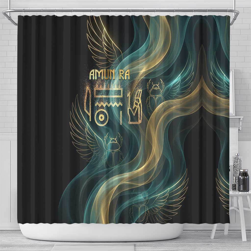 Amun Ancient Egyptian Shower Curtain with Mystical Smoke Swirl Pattern, Fiery Ram Head, and Hieroglyphic - African Pride