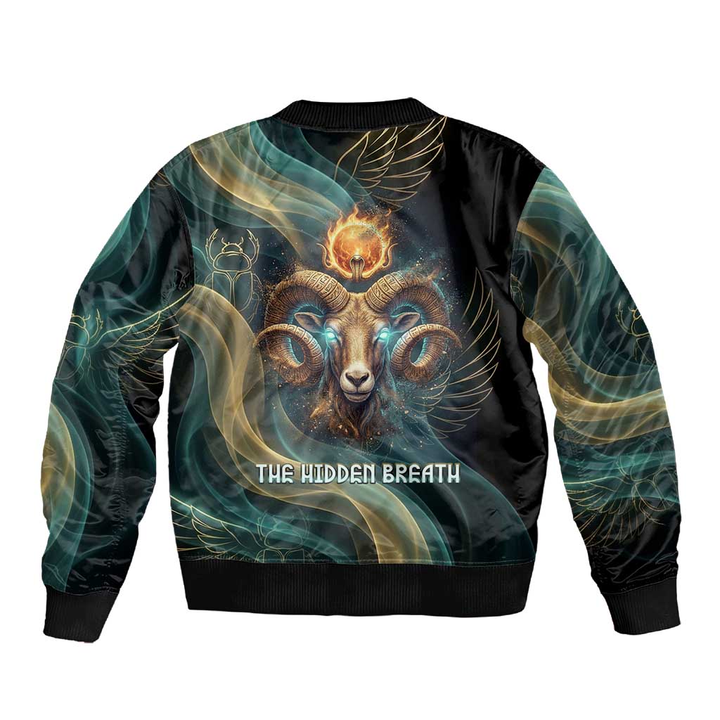 Amun Ancient Egyptian Sleeve Zip Bomber Jacket with Mystical Smoke Swirl Pattern, Fiery Ram Head, and Hieroglyphic - African Pride
