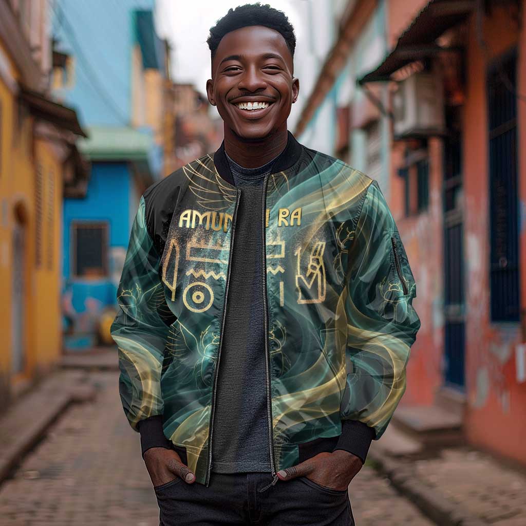 Amun Ancient Egyptian Sleeve Zip Bomber Jacket with Mystical Smoke Swirl Pattern, Fiery Ram Head, and Hieroglyphic - African Pride