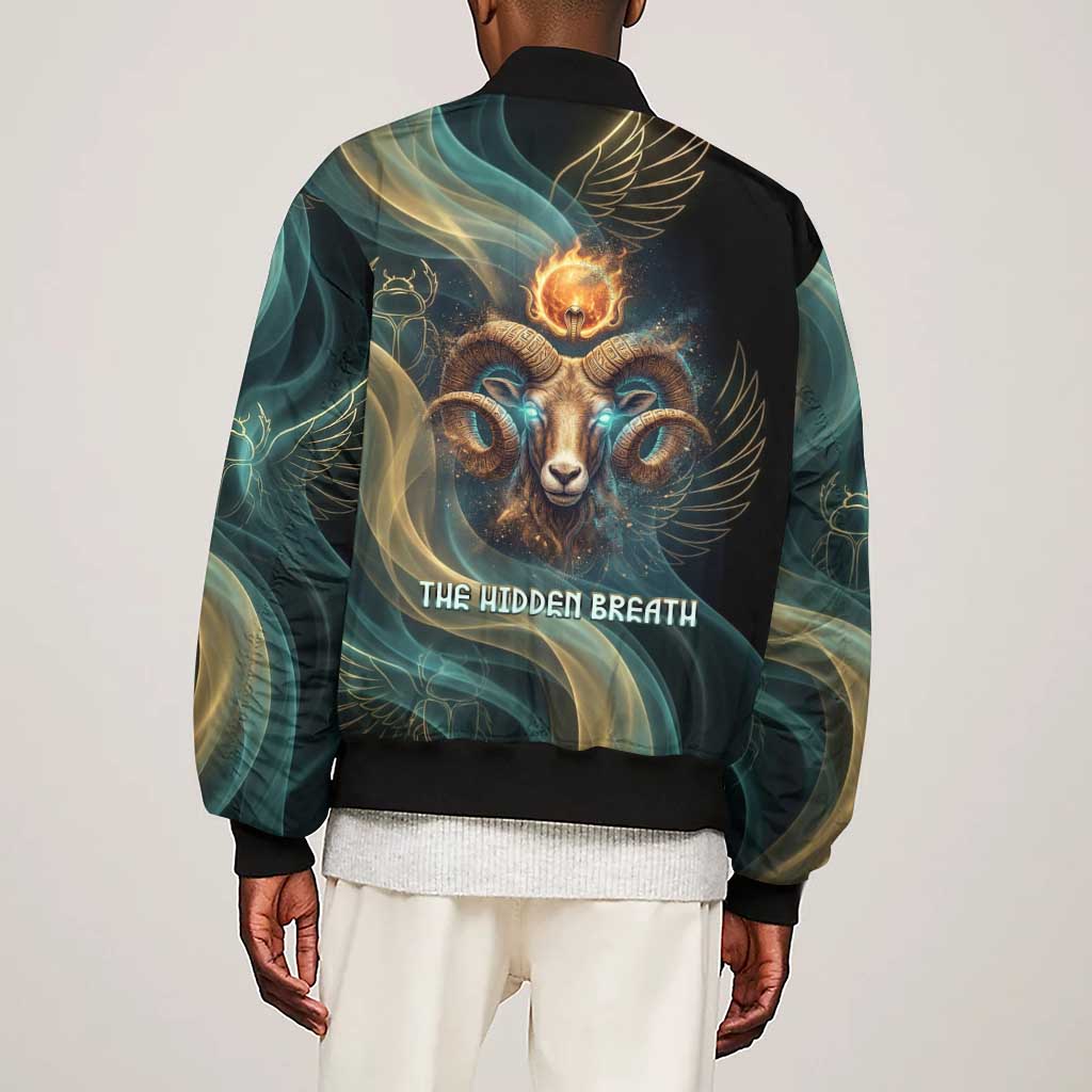 Amun Ancient Egyptian Sleeve Zip Bomber Jacket with Mystical Smoke Swirl Pattern, Fiery Ram Head, and Hieroglyphic - African Pride
