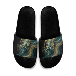 Amun Ancient Egyptian Slide Sandals with Mystical Smoke Swirl Pattern, Fiery Ram Head, and Hieroglyphic - African Pride