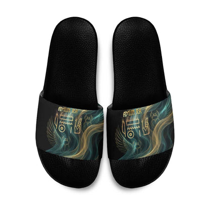 Amun Ancient Egyptian Slide Sandals with Mystical Smoke Swirl Pattern, Fiery Ram Head, and Hieroglyphic - African Pride