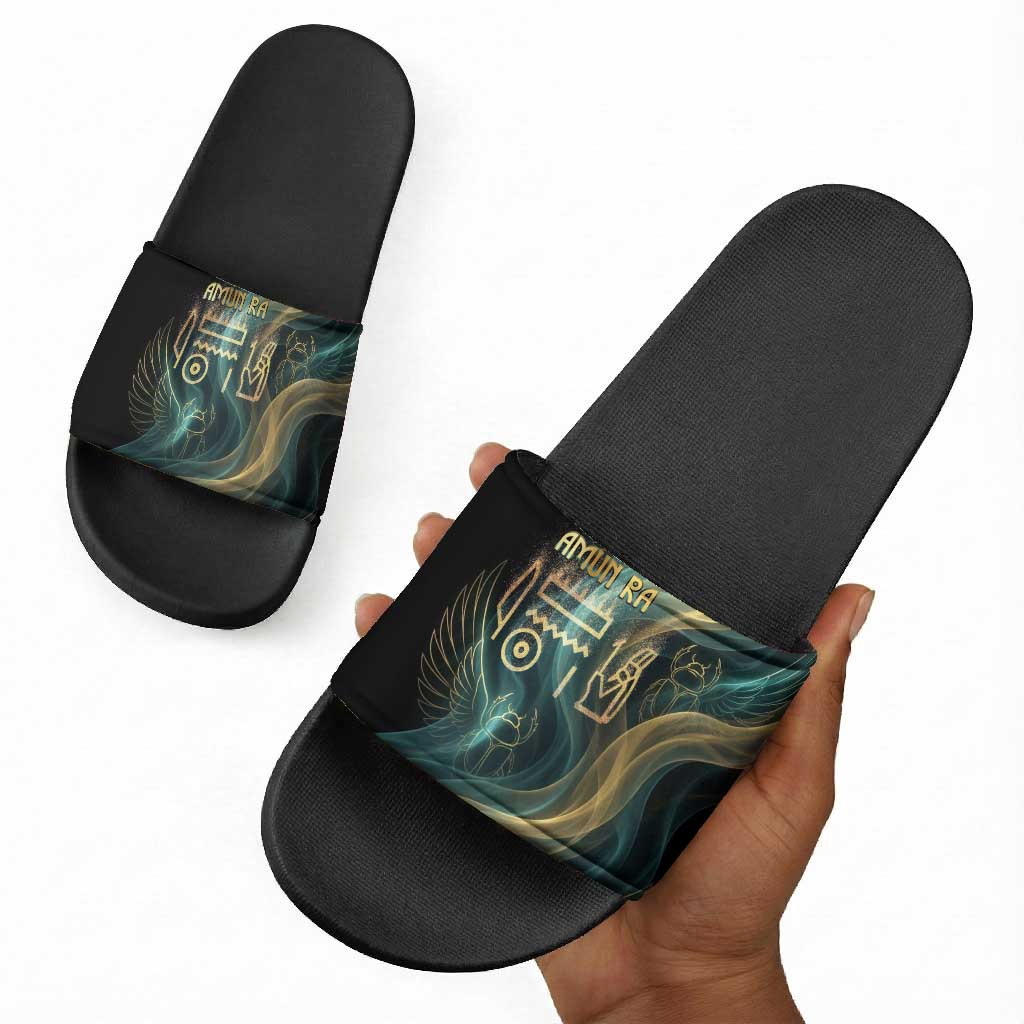 Amun Ancient Egyptian Slide Sandals with Mystical Smoke Swirl Pattern, Fiery Ram Head, and Hieroglyphic - African Pride