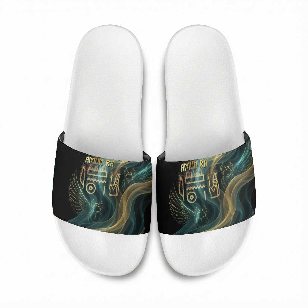 Amun Ancient Egyptian Slide Sandals with Mystical Smoke Swirl Pattern, Fiery Ram Head, and Hieroglyphic - African Pride