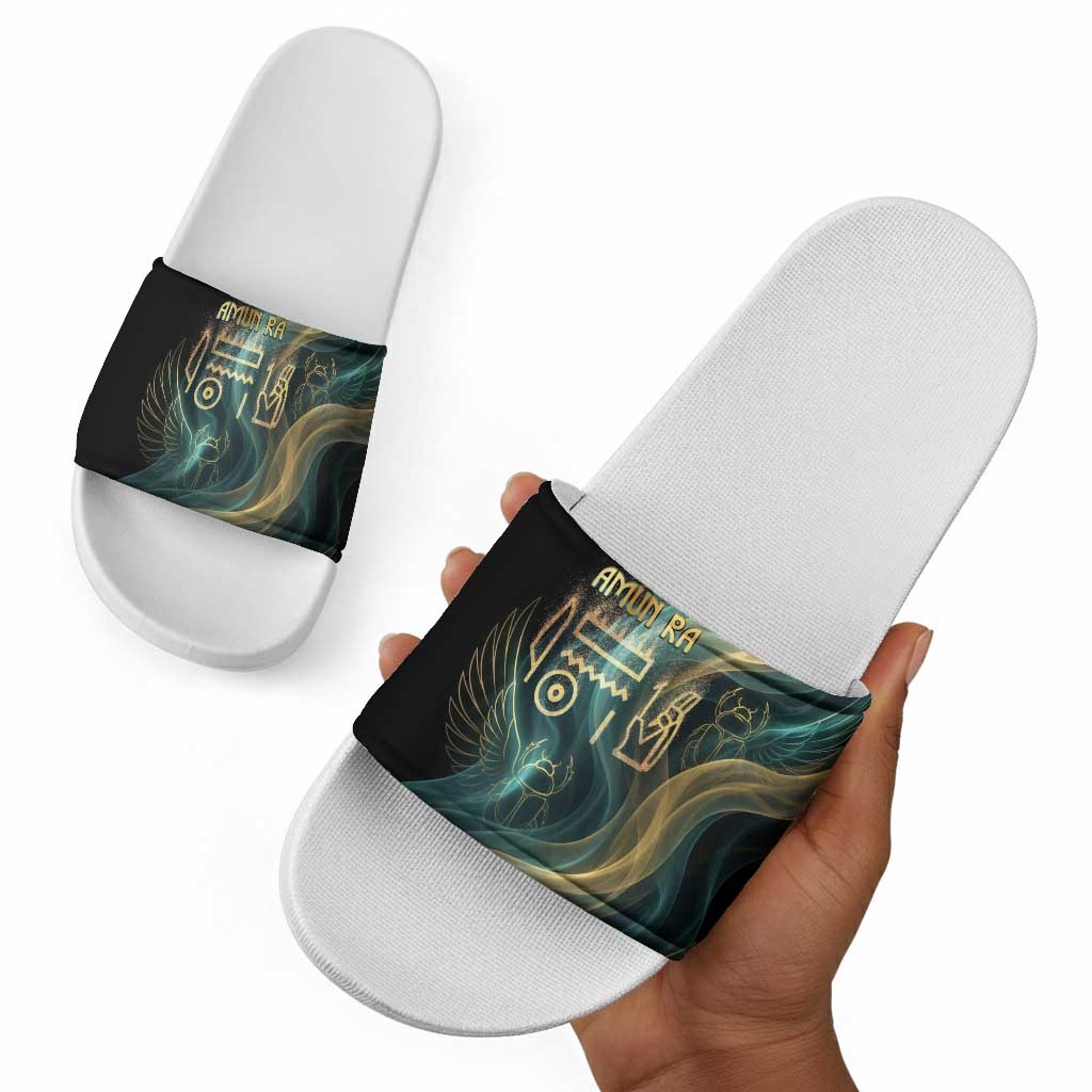 Amun Ancient Egyptian Slide Sandals with Mystical Smoke Swirl Pattern, Fiery Ram Head, and Hieroglyphic - African Pride
