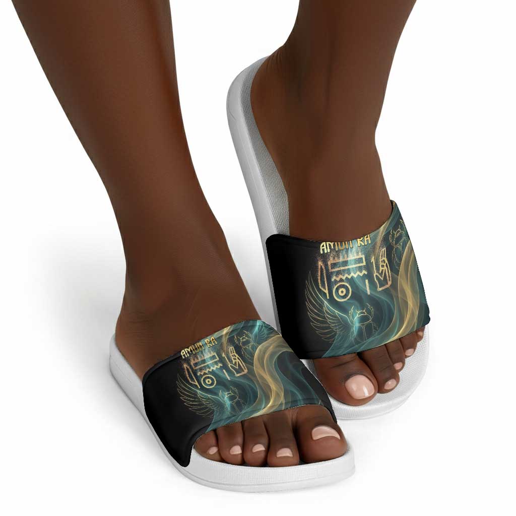 Amun Ancient Egyptian Slide Sandals with Mystical Smoke Swirl Pattern, Fiery Ram Head, and Hieroglyphic - African Pride