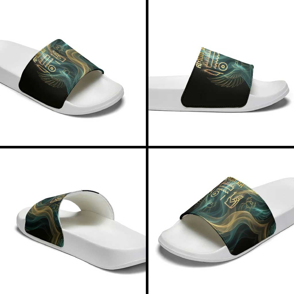 Amun Ancient Egyptian Slide Sandals with Mystical Smoke Swirl Pattern, Fiery Ram Head, and Hieroglyphic - African Pride