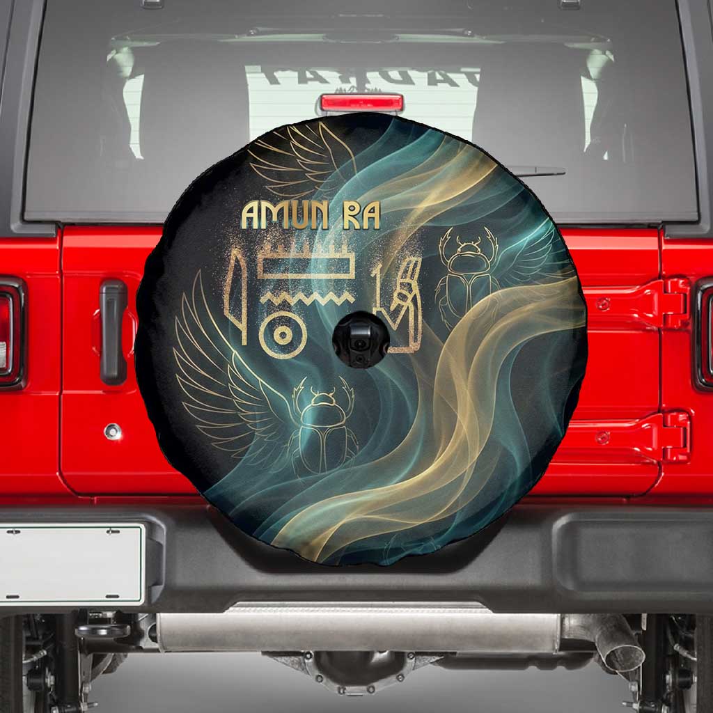 Amun Ancient Egyptian Spare Tire Cover with Mystical Smoke Swirl Pattern, Fiery Ram Head, and Hieroglyphic - African Pride