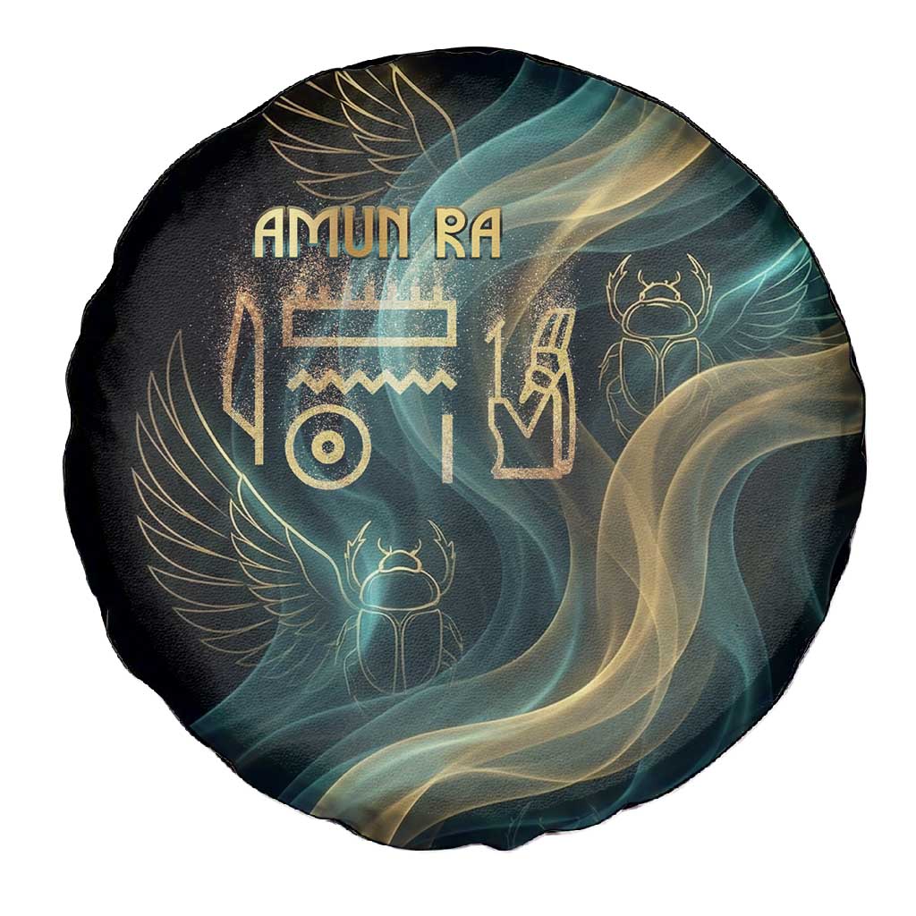 Amun Ancient Egyptian Spare Tire Cover with Mystical Smoke Swirl Pattern, Fiery Ram Head, and Hieroglyphic - African Pride