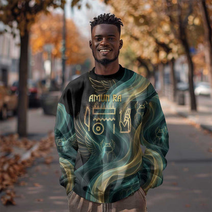 Amun Ancient Egyptian Sweatshirt with Mystical Smoke Swirl Pattern, Fiery Ram Head, and Hieroglyphic - African Pride