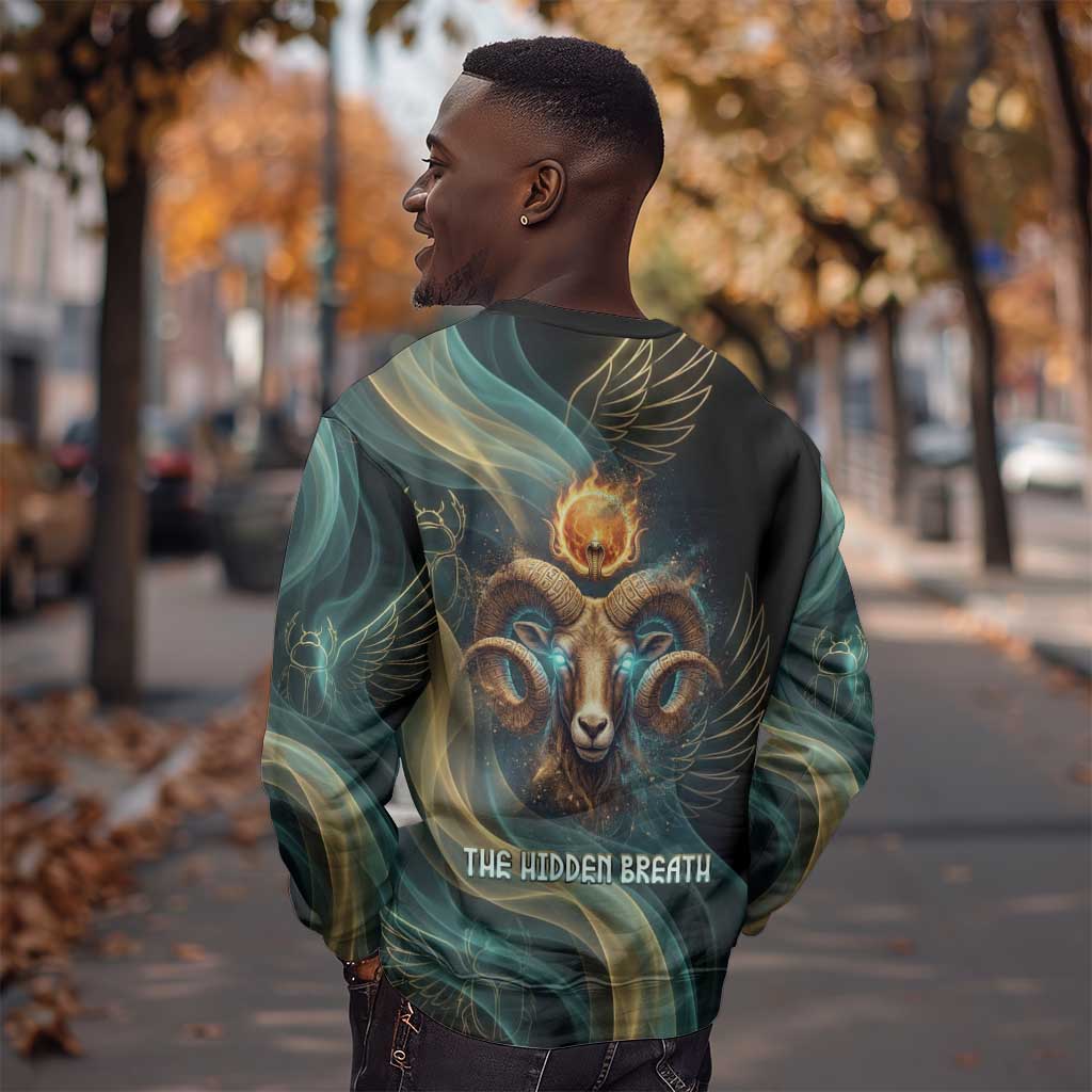 Amun Ancient Egyptian Sweatshirt with Mystical Smoke Swirl Pattern, Fiery Ram Head, and Hieroglyphic - African Pride