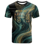 Amun Ancient Egyptian T shirt with Mystical Smoke Swirl Pattern, Fiery Ram Head, and Hieroglyphic - African Pride