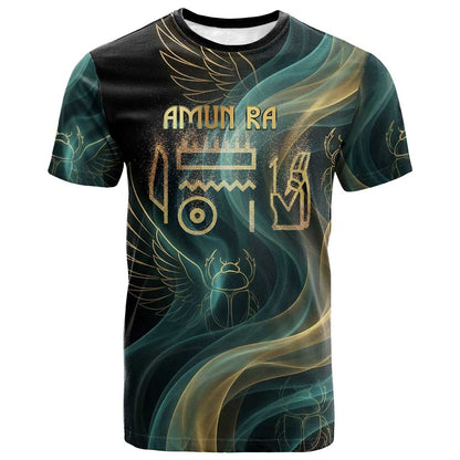 Amun Ancient Egyptian T shirt with Mystical Smoke Swirl Pattern, Fiery Ram Head, and Hieroglyphic - African Pride