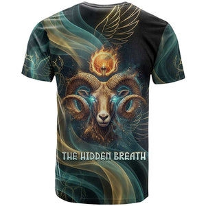 Amun Ancient Egyptian T shirt with Mystical Smoke Swirl Pattern, Fiery Ram Head, and Hieroglyphic - African Pride