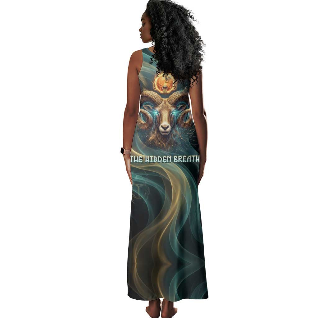 Amun Ancient Egyptian Tank Maxi Dress with Mystical Smoke Swirl Pattern, Fiery Ram Head, and Hieroglyphic - African Pride