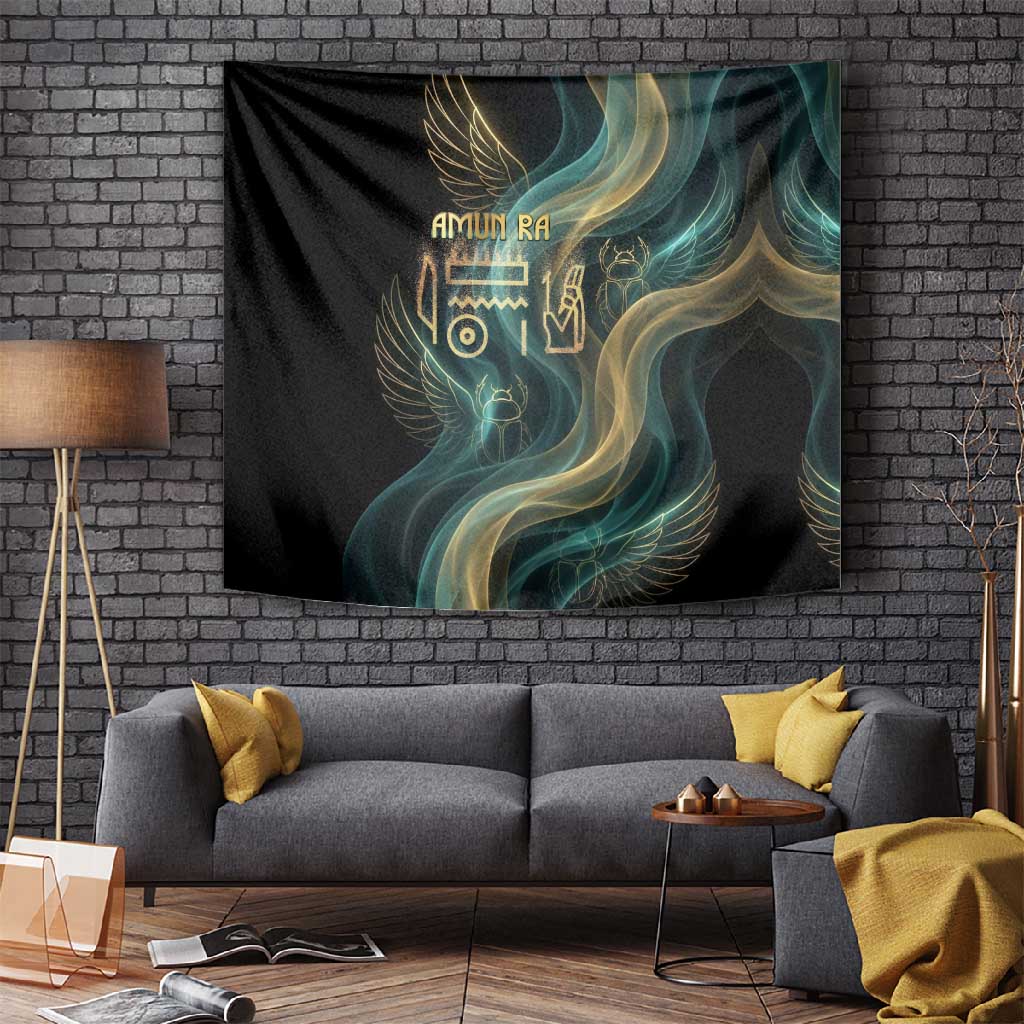 Amun Ancient Egyptian Tapestry with Mystical Smoke Swirl Pattern, Fiery Ram Head, and Hieroglyphic - African Pride