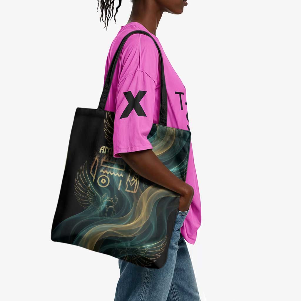 Amun Ancient Egyptian Tote Bag with Mystical Smoke Swirl Pattern, Fiery Ram Head, and Hieroglyphic - African Pride