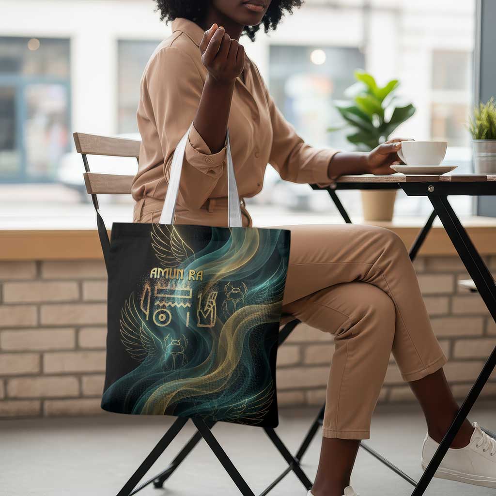 Amun Ancient Egyptian Tote Bag with Mystical Smoke Swirl Pattern, Fiery Ram Head, and Hieroglyphic - African Pride