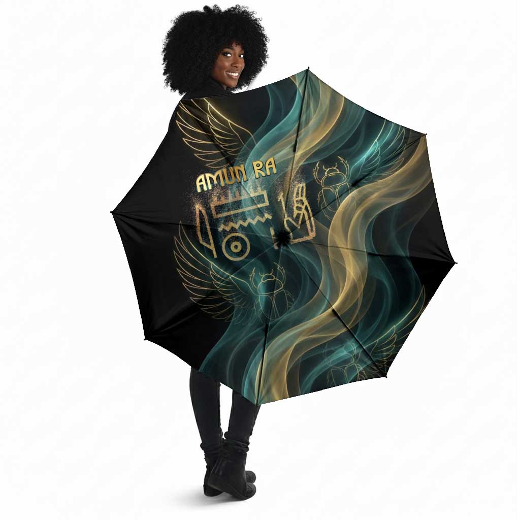 Amun Ancient Egyptian Umbrella with Mystical Smoke Swirl Pattern, Fiery Ram Head, and Hieroglyphic - African Pride