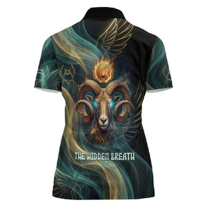 Amun Ancient Egyptian Women Polo Shirt with Mystical Smoke Swirl Pattern, Fiery Ram Head, and Hieroglyphic - African Pride