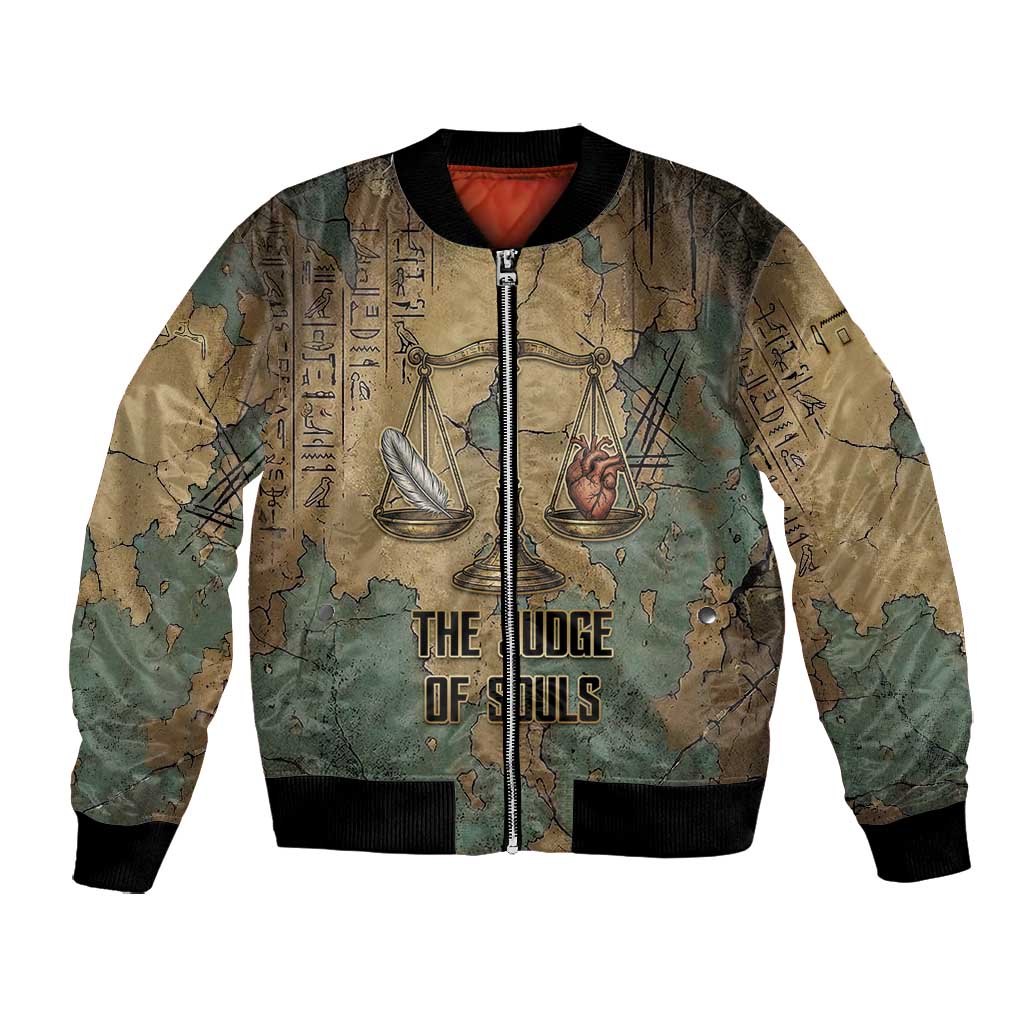 Anubis Bomber Jacket Ancient Egyptian Aged Papyrus, Scales of Justice, and Egyptian Hieroglyph - African Pride