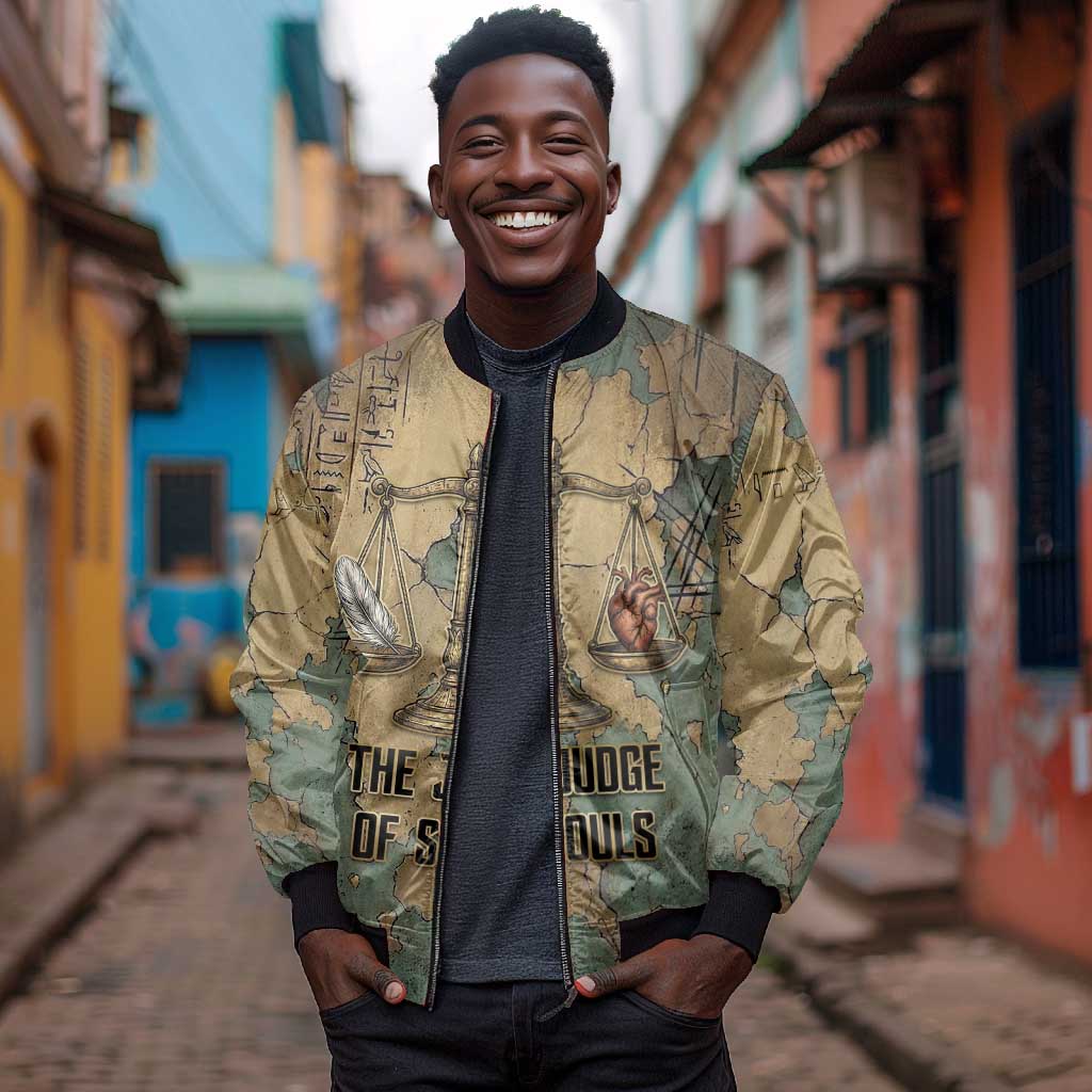 Anubis Bomber Jacket Ancient Egyptian Aged Papyrus, Scales of Justice, and Egyptian Hieroglyph - African Pride