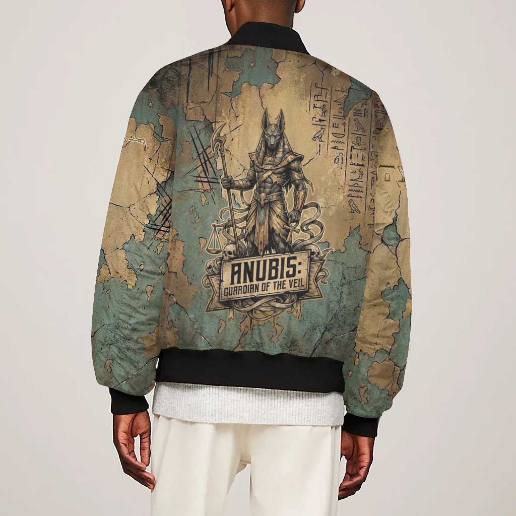 Anubis Bomber Jacket Ancient Egyptian Aged Papyrus, Scales of Justice, and Egyptian Hieroglyph - African Pride