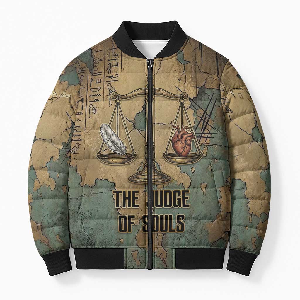 Anubis Bomber Puffer Jacket Ancient Egyptian Aged Papyrus, Scales of Justice, and Egyptian Hieroglyph - African Pride