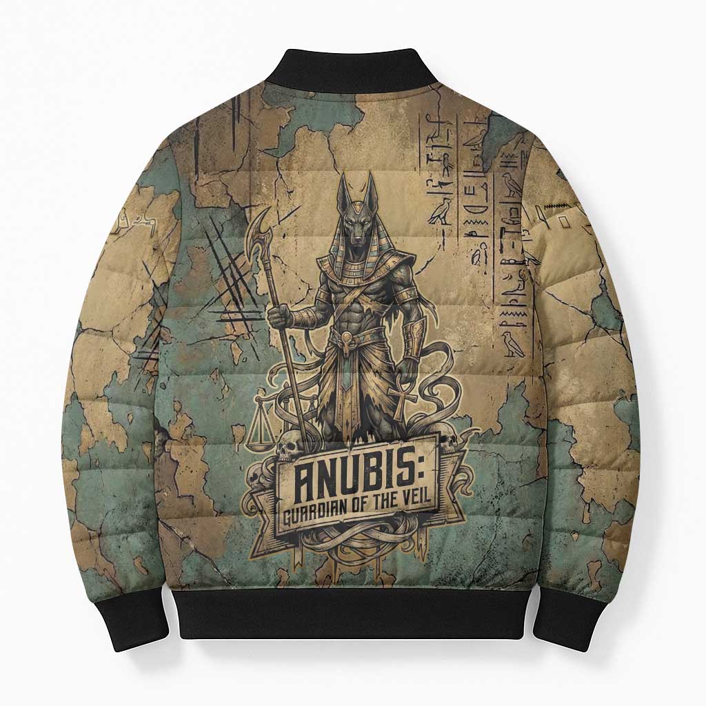 Anubis Bomber Puffer Jacket Ancient Egyptian Aged Papyrus, Scales of Justice, and Egyptian Hieroglyph - African Pride