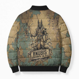 Anubis Bomber Puffer Jacket Ancient Egyptian Aged Papyrus, Scales of Justice, and Egyptian Hieroglyph - African Pride