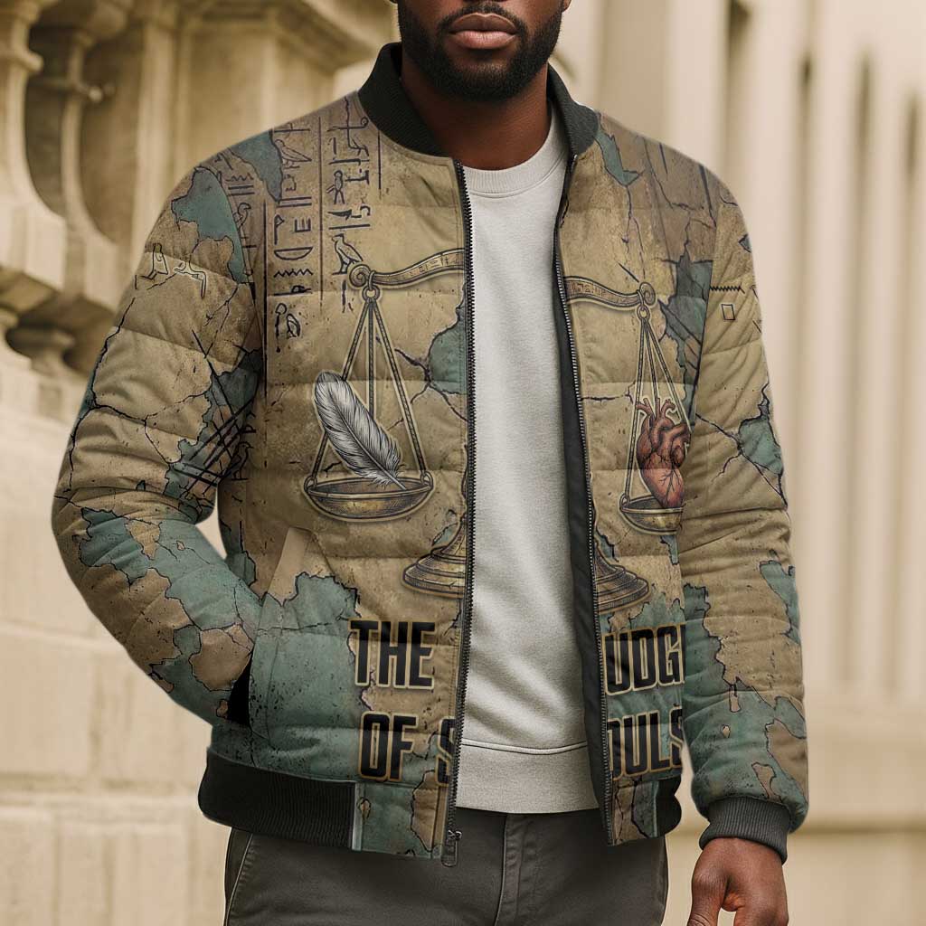 Anubis Bomber Puffer Jacket Ancient Egyptian Aged Papyrus, Scales of Justice, and Egyptian Hieroglyph - African Pride