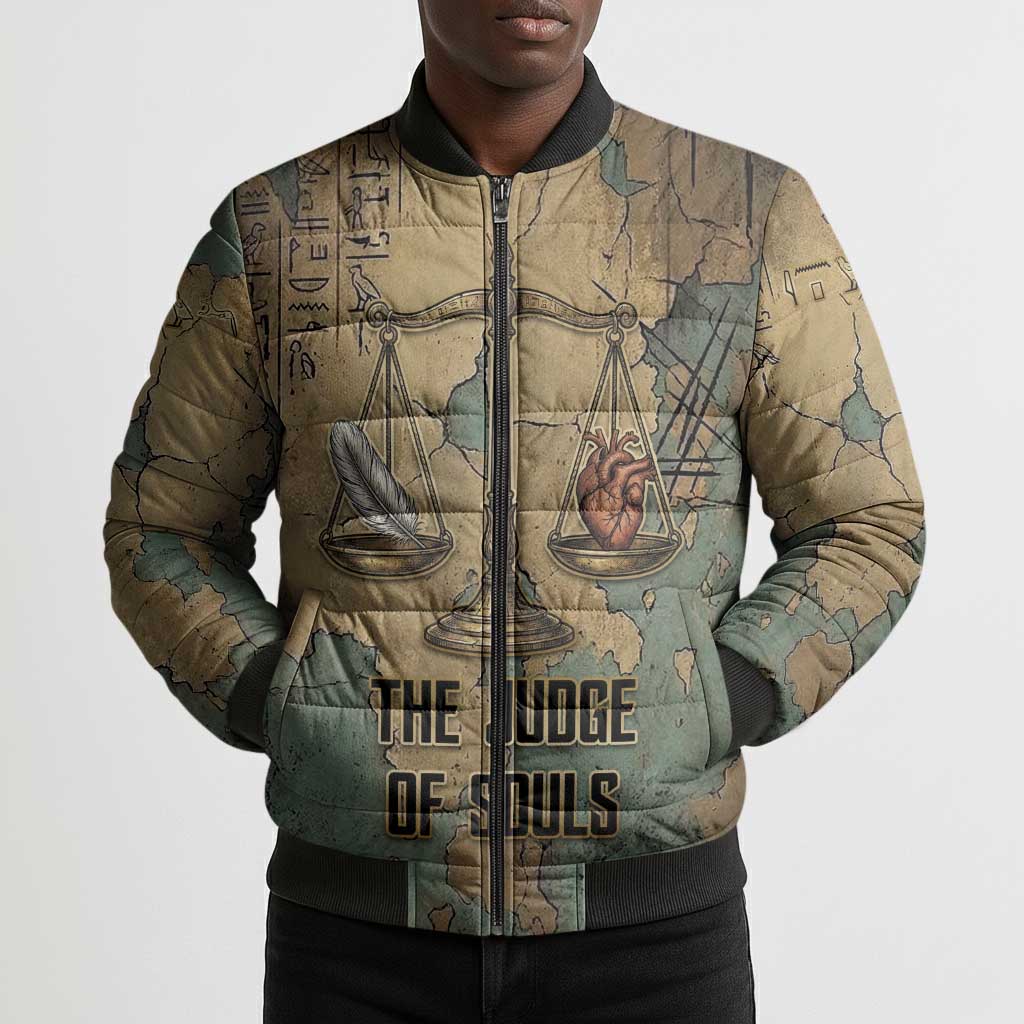 Anubis Bomber Puffer Jacket Ancient Egyptian Aged Papyrus, Scales of Justice, and Egyptian Hieroglyph - African Pride
