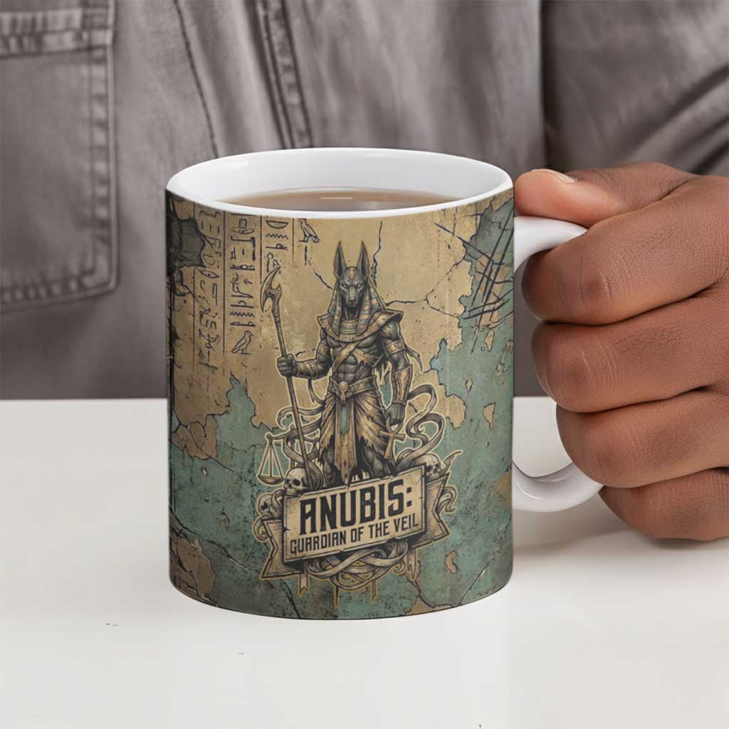 Anubis Ceramic Mug Ancient Egyptian Aged Papyrus, Scales of Justice, and Egyptian Hieroglyph - African Pride