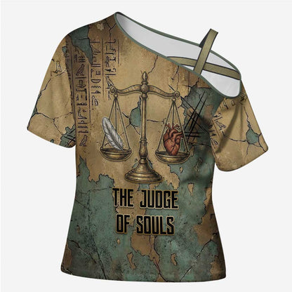 Anubis Cross Shoulder Shirt Ancient Egyptian Aged Papyrus, Scales of Justice, and Egyptian Hieroglyph - African Pride