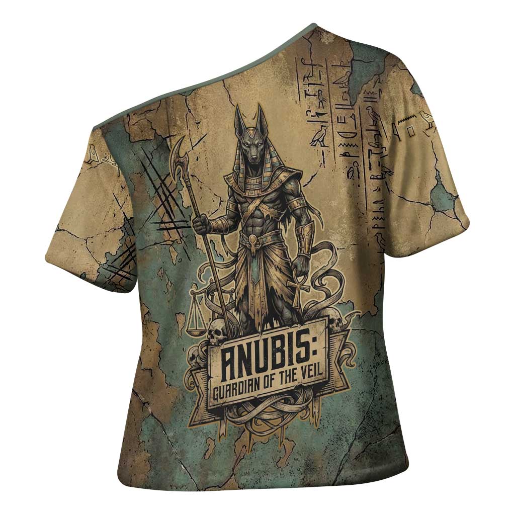 Anubis Cross Shoulder Shirt Ancient Egyptian Aged Papyrus, Scales of Justice, and Egyptian Hieroglyph - African Pride
