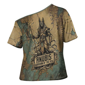 Anubis Cross Shoulder Shirt Ancient Egyptian Aged Papyrus, Scales of Justice, and Egyptian Hieroglyph - African Pride