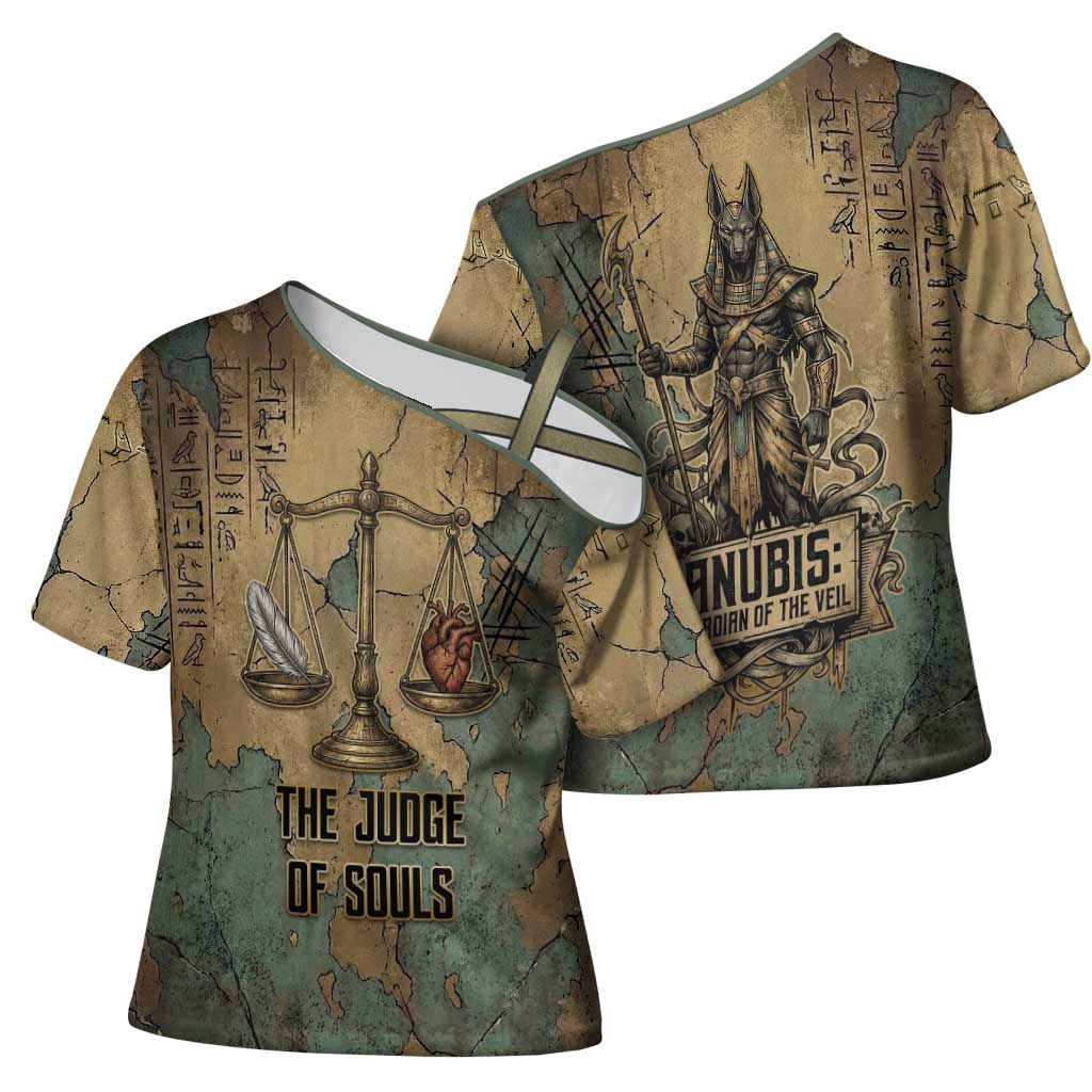 Anubis Cross Shoulder Shirt Ancient Egyptian Aged Papyrus, Scales of Justice, and Egyptian Hieroglyph - African Pride