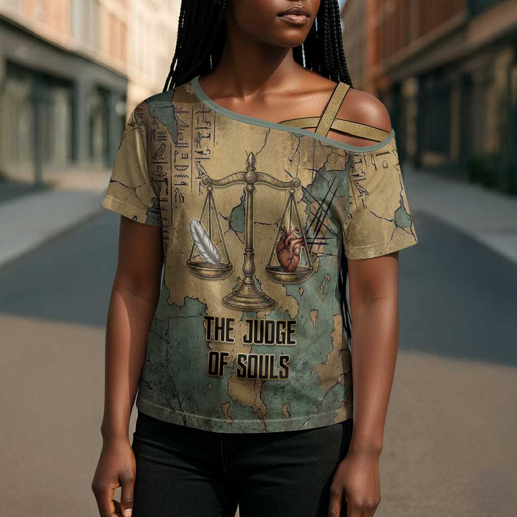 Anubis Cross Shoulder Shirt Ancient Egyptian Aged Papyrus, Scales of Justice, and Egyptian Hieroglyph - African Pride