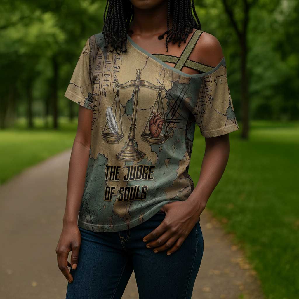 Anubis Cross Shoulder Shirt Ancient Egyptian Aged Papyrus, Scales of Justice, and Egyptian Hieroglyph - African Pride