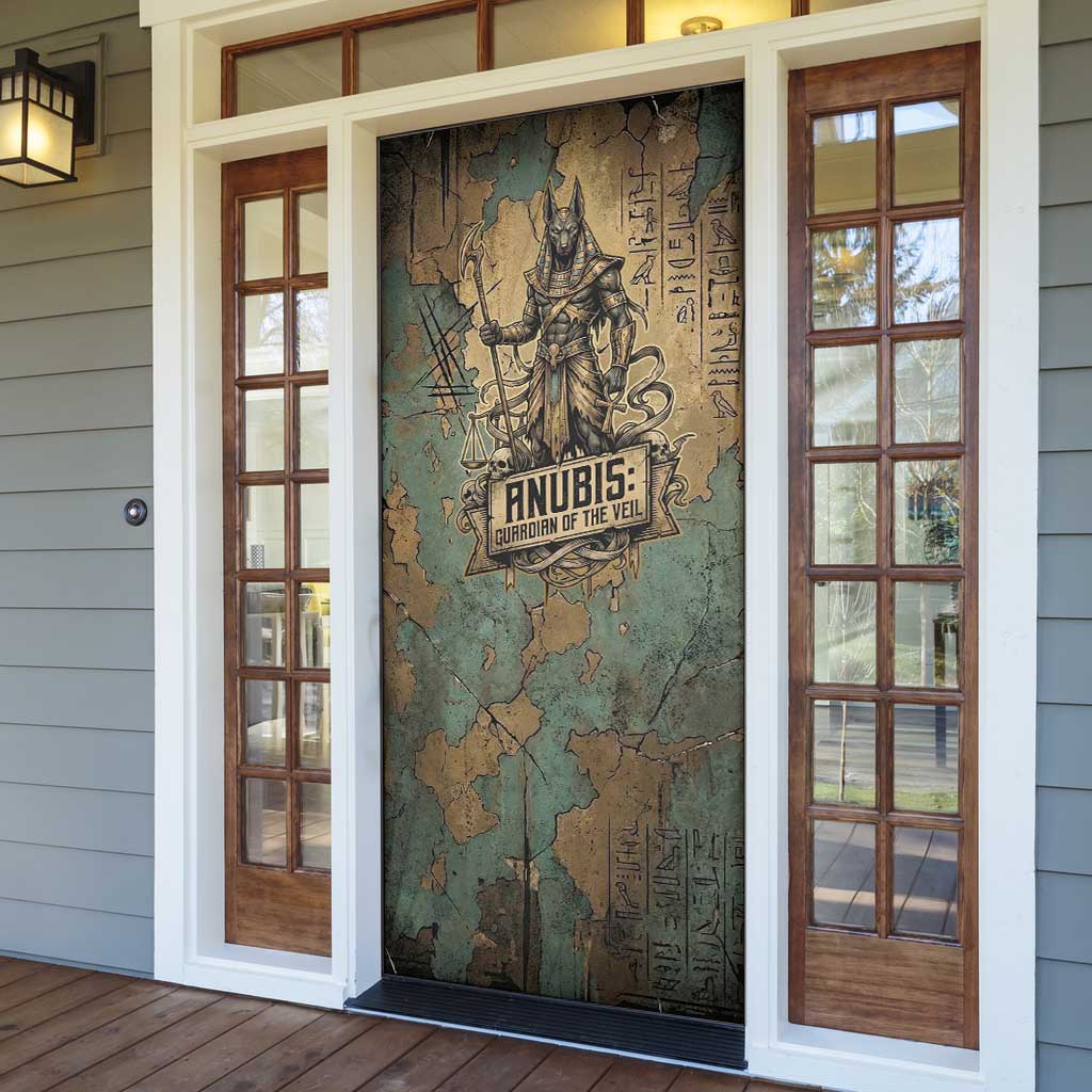 Anubis Door Cover Ancient Egyptian Aged Papyrus, Scales of Justice, and Egyptian Hieroglyph - African Pride