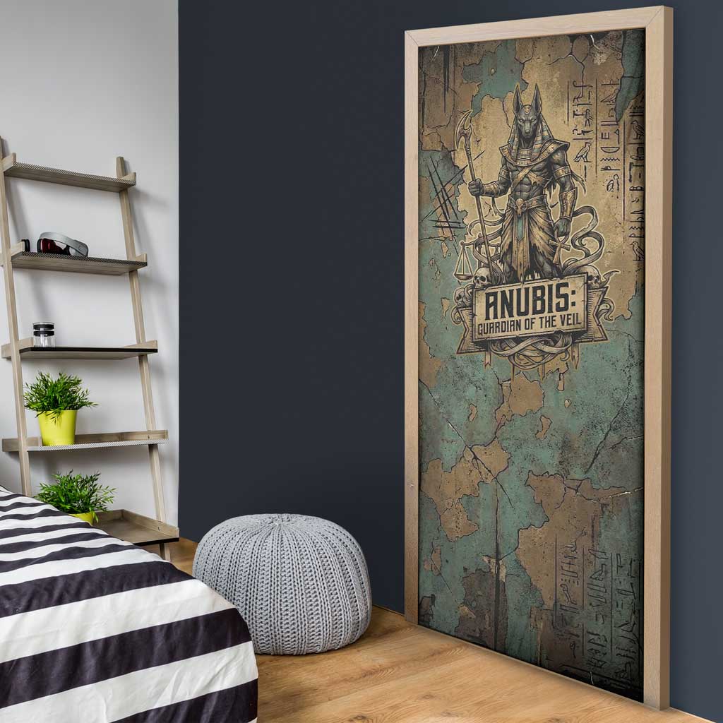 Anubis Door Cover Ancient Egyptian Aged Papyrus, Scales of Justice, and Egyptian Hieroglyph - African Pride